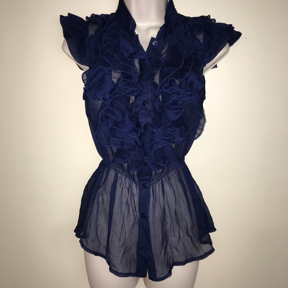 EUC 💙 SLINE | Sheer Navy Blue Ruffle Top - Picture 7 of 7